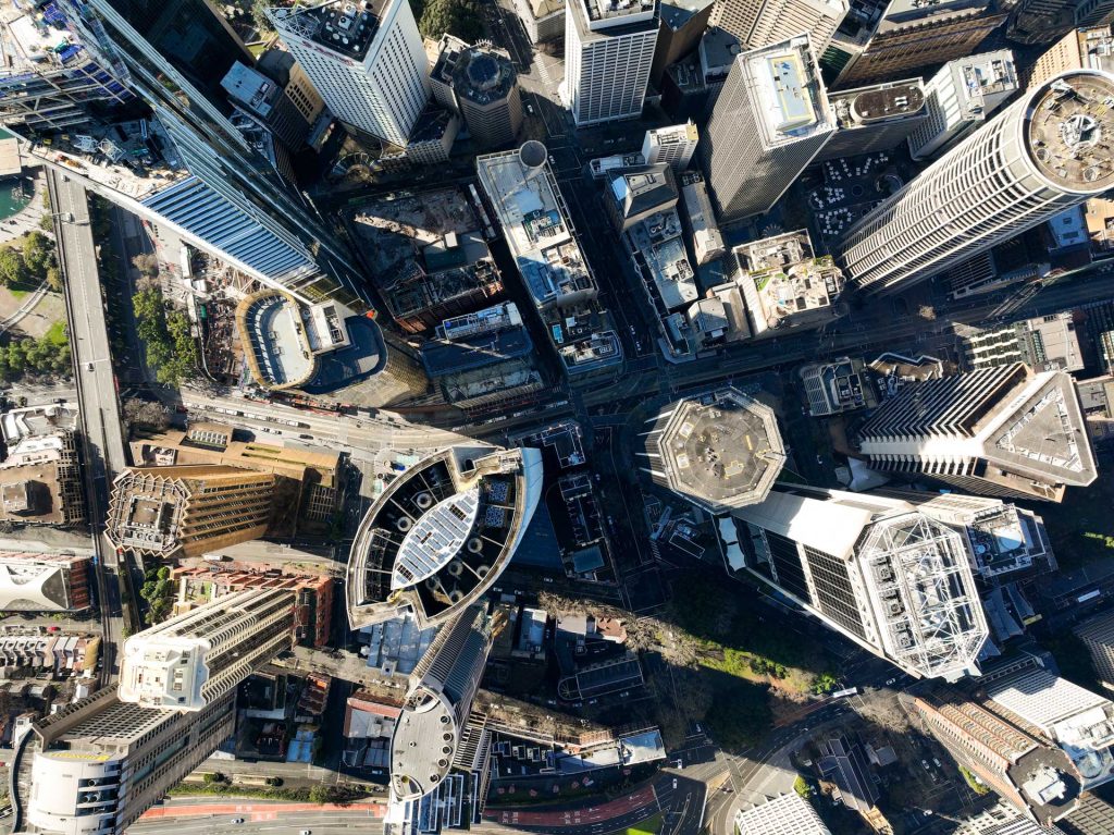 Aerial birds eye views of real estate and infrastructure in Sydney Australia of CBD.