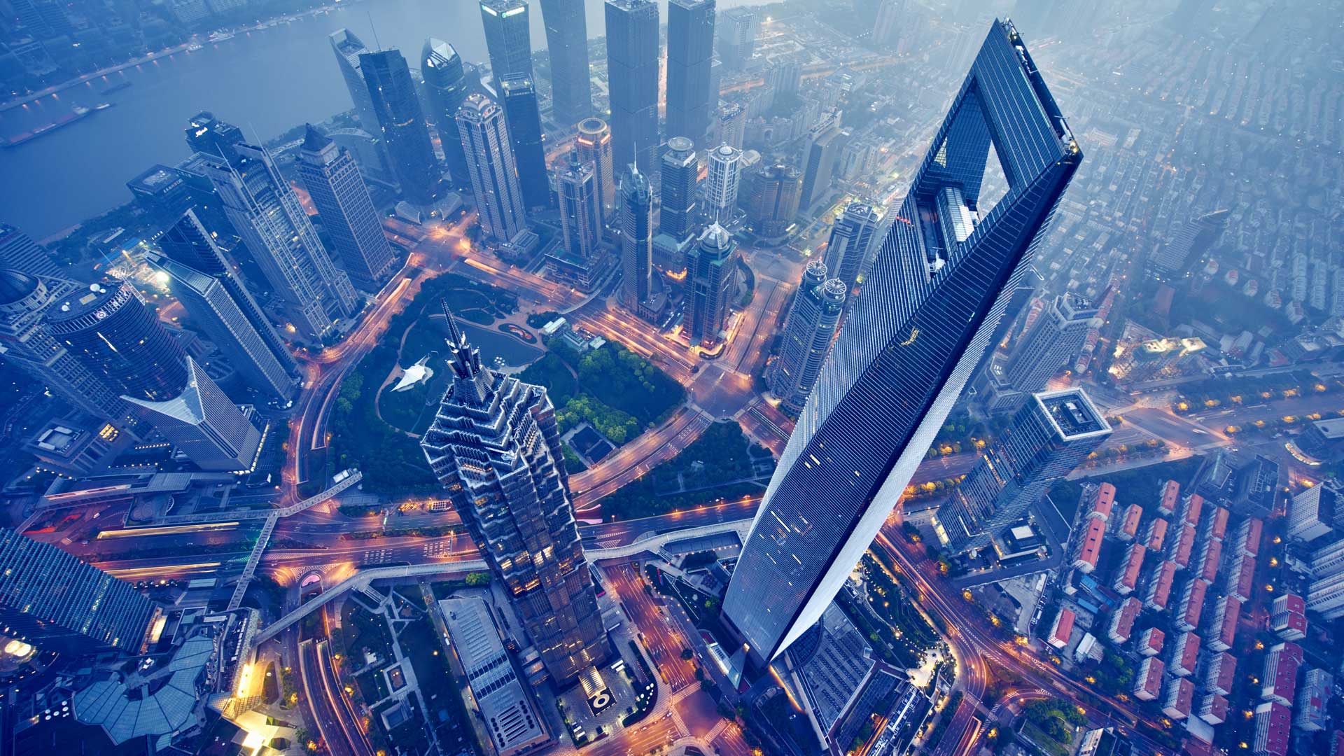 aerial view of shanghai at night